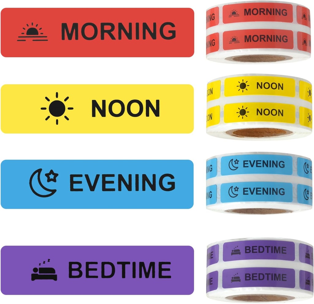 Tıp Biletleri İlaç Öğretim Etiketi Sürekli Kağıt Etiketi - Pill davası için NOON PM - 1.6inch (Morning Noon Evening Bedtime)