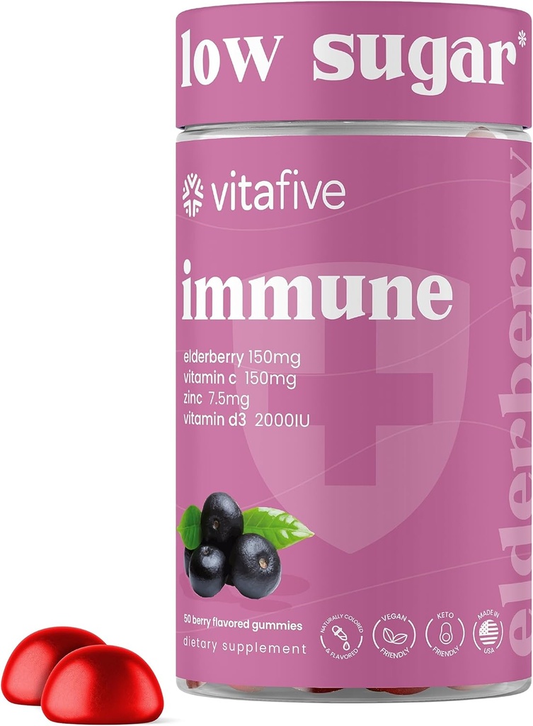 Vitafive Gummys Elderberry - Χαμηλή Ζάχαρη Ανοσοποιητική Υποστήριξη για Ενήλικες - με Βιταμίνη C και ψευδάργυρο Κιτρικό - Vegan, αλλεργιογόνο Δωρεάν (50 Ct)