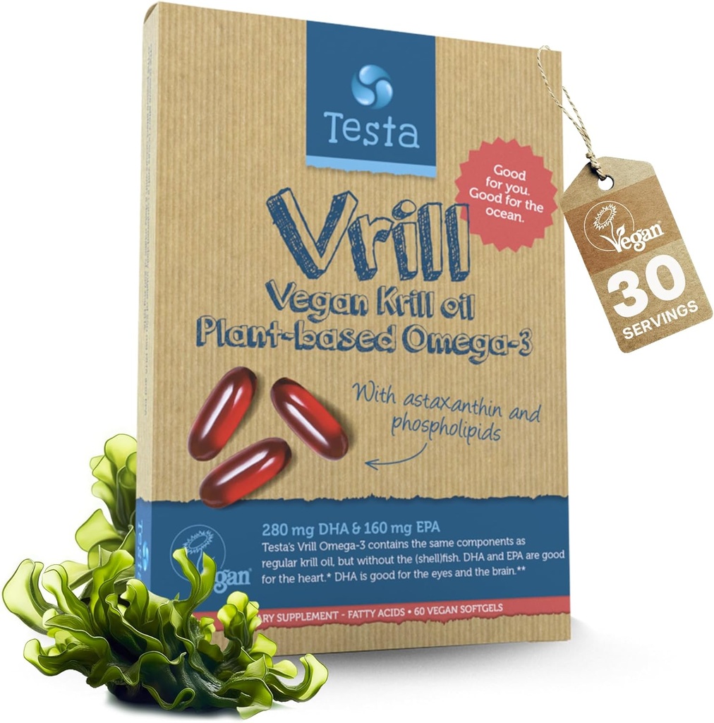 Testa Omega 3 Vegan Krill Supplement-1000 mg Softgels, 2 Times More Omega-3, DHA, EPA, Astaxanthin, Phospholipids - Heart, Brain, Eye, Joint Support - Not from Fish, Algae Source - 60 Softgels