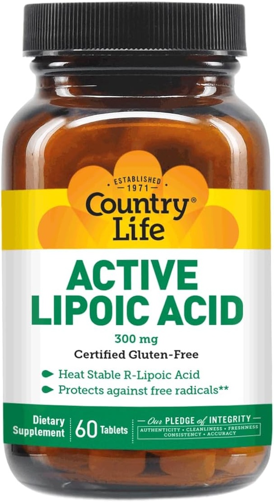 Country Life R-Alpha Lipoic Acid Kompleksi 300 mg - Alfa-Lipoic Acid 270 mg & R-Lipoic Acid 30 mg - Antioksi Support - No Yeast, Corn, Buğday, Soy, Gluten, Milk - Alfa Lipoic Asit Supplement