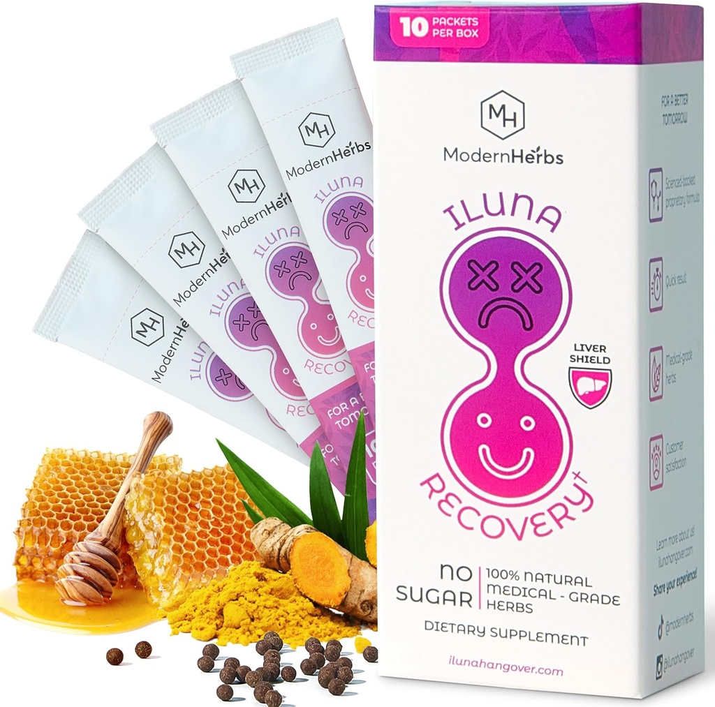 ILUNA Recovery Fast-Acting Herbal Hangover Relief – Premium Milk Thistle with Detox Herbs & Natural Pebbles – Liver Support & Inflammation Balance – Max Strength (10 Pk)
