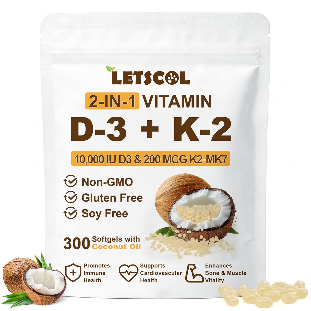 2in-1 Vitamin D3 K2 Supplement Softgel, D3 10000 IU ve Vitamin K2 200 mcg, K2 MK7 with D3 Vitamin Support Immune, Heart, Joint, Teeth & Bone Health