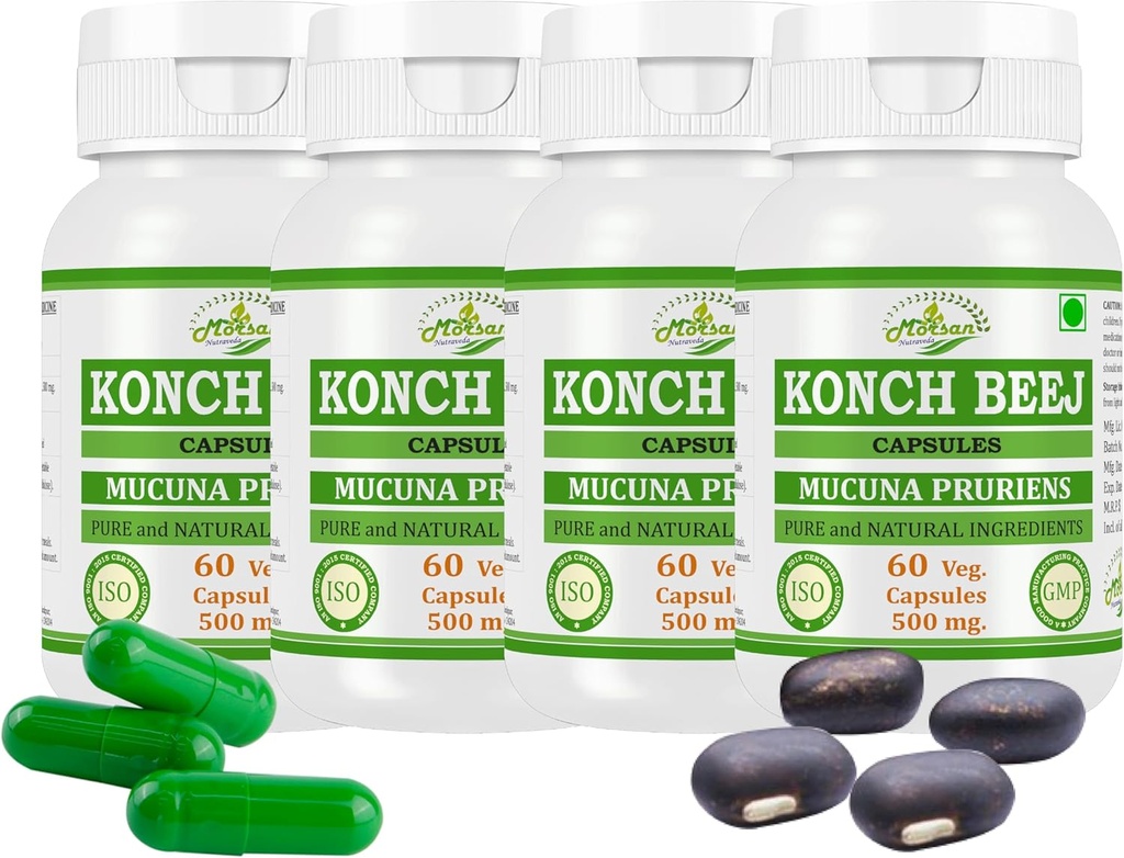 Doğal ve Saf Herbal MUCUNA PRURIENS (Konch Beej, Kaunch Beej) Ekstra Kapsüller | En yüksek Potency,% Herbal Ürün | 60 X 500 mg Veg. Capsules (Pazar 4 Jar)