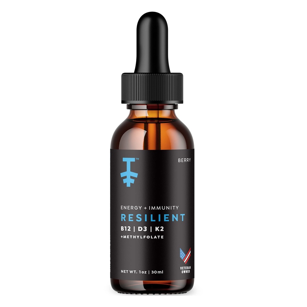 PROTEKT Resilient D3 K2 B12 Drops - Sıvı B12 K2 D3 Vitamini Enerji ve Kurtarma için Sıvı Ölçeği, Uyku ve Mood için Methy Folate - Natural Berry 30mL
