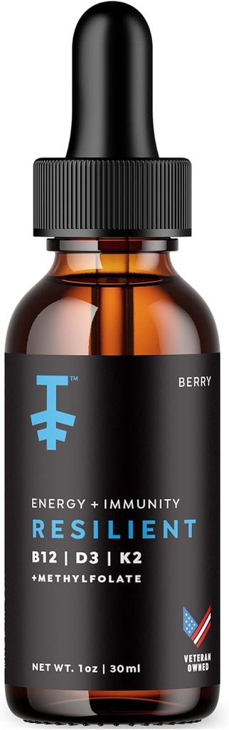 PROTEKT Resilient D3 K2 B12 Drops - Sıvı B12 K2 D3 Vitamini Enerji ve Kurtarma için Sıvı Ölçeği, Uyku ve Mood için Methy Folate - Natural Berry 30mL