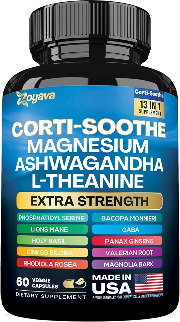 Zoyava Corti-Soothe Cortisol Supplement Magnezyum Glycinate 200 mg L-Theanine 150 mg Ashwagandha 150 mg Phosphatidylserine Cortisol Manager Lions Mane G Biloba Bacopa Monnieri Valerian Root 60 Capspha