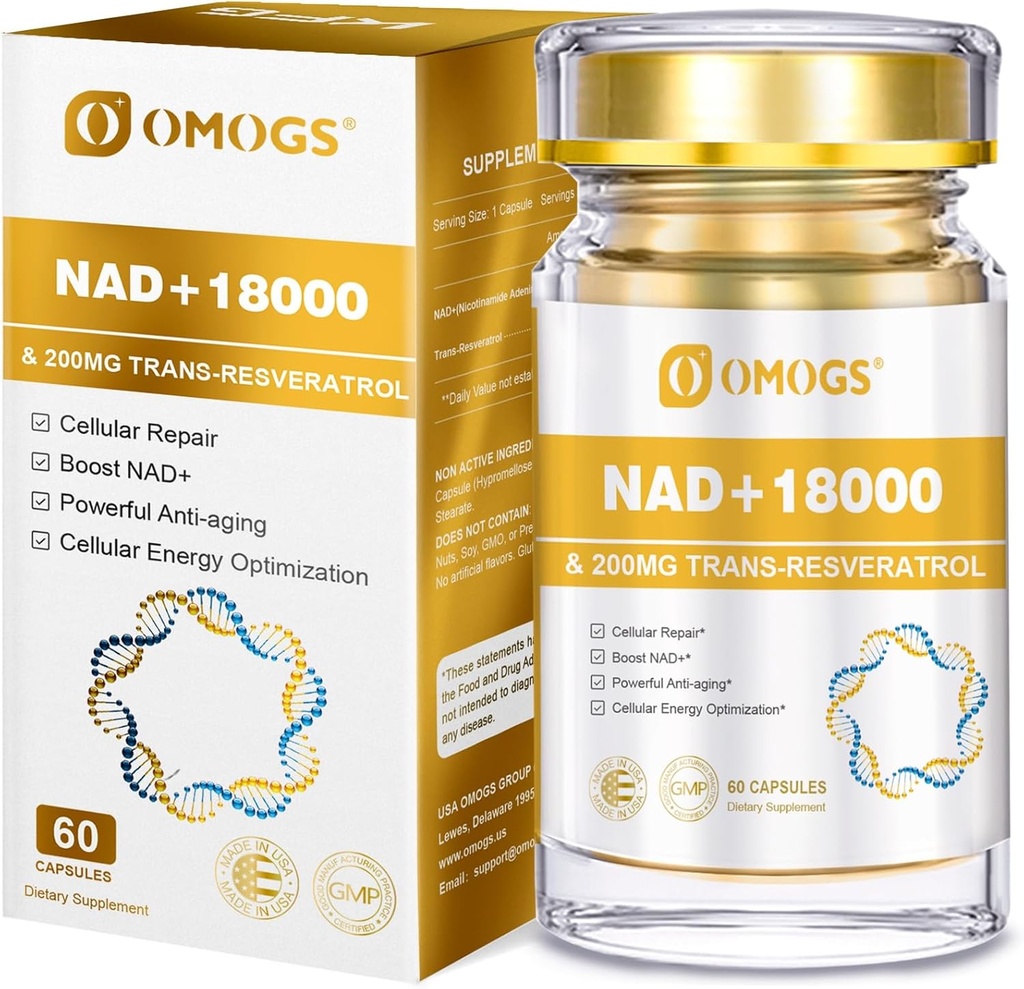 OMOGS NAD+ 300 mg + Trans-Resveratrol 200 mg, Pure NAD Supplement, Max Absorption, Boosting Supplement for DNA Repair, Healthy Aging, Cellular Energy & Longevity, 60 Capsules