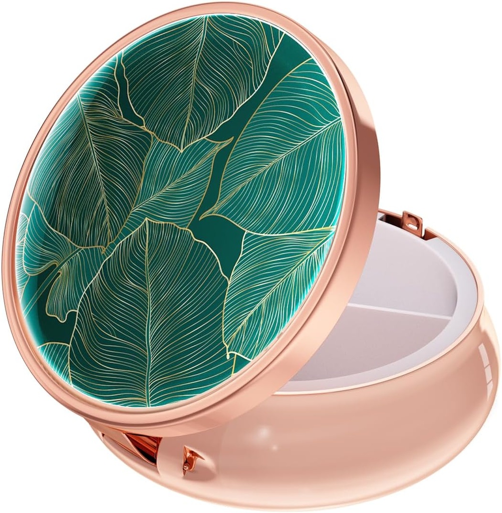 Rouidr Pill Box, 3 Karşılaştırmalı Tıp Pill Case, Small Metal Travel Medicine Box for Purse & Pocket, Rose Gold, Tropikal Leaf