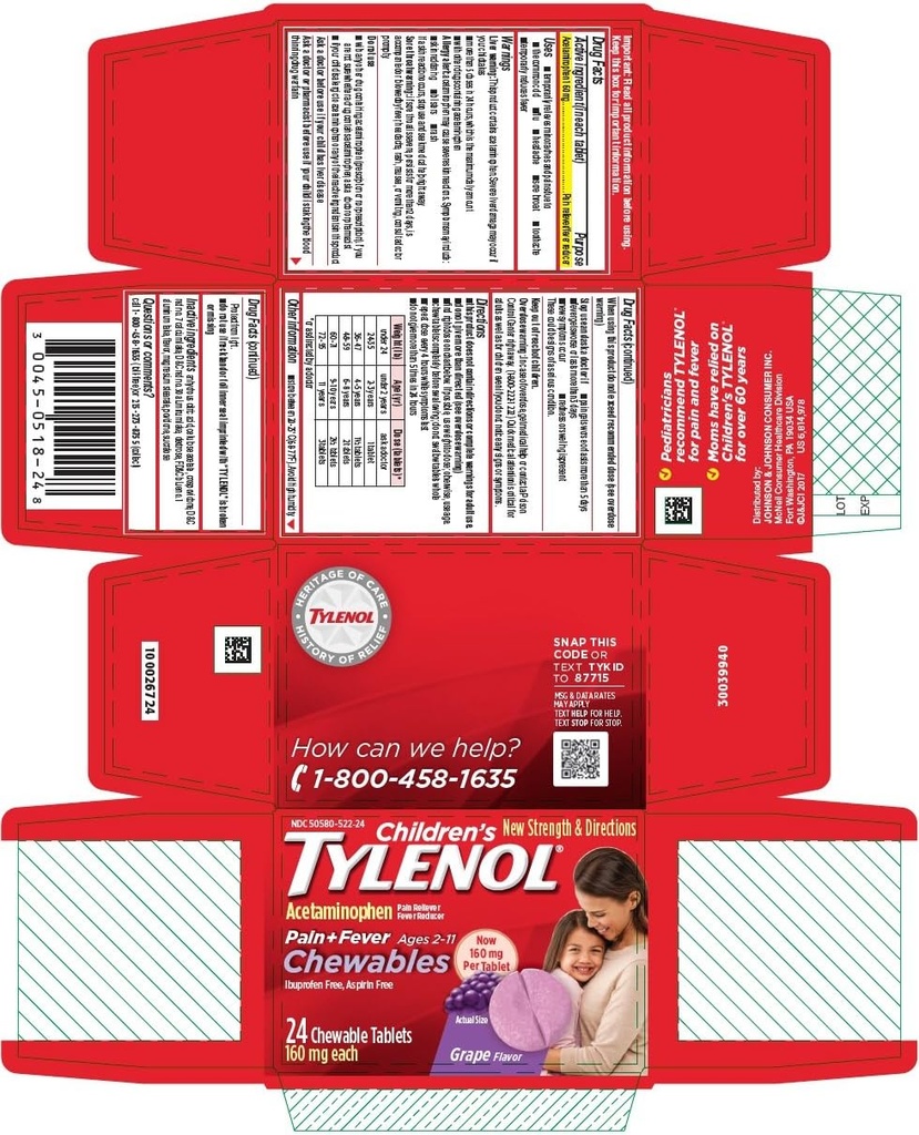 Tylenol Çocuk Ağrısı + Ateş Çekilebilir Tabletler Grape Flavor - 24 ct, 4 Paket