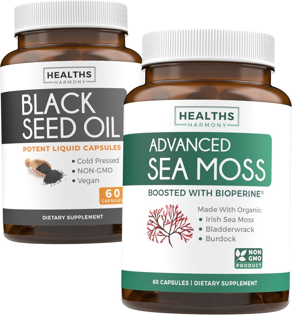Black Seed Oil & Irish Sea Moss (1-Month Supply) - Siyah Tohum Yağı (60 Capsules) Cold-Pressed Nigella Sativa & Irish Sea Moss (60 Capsules) Bioperine ve Bladderwrack