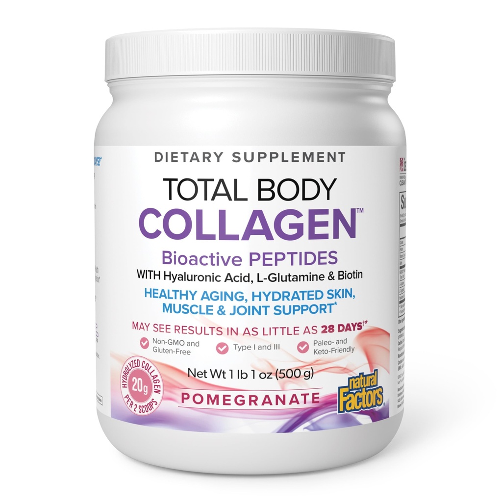Doğal Faktörler Total Body Collagen - Bioaktif Collagen Supplement for Hair & Nail Büyüme Desteği - Protein, C & More - Pomegranate, 500 g (38 Hizmet)