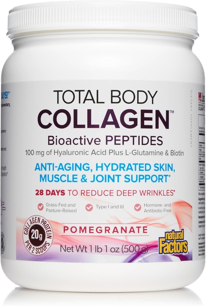 Doğal Faktörler Total Body Collagen - Bioaktif Collagen Supplement for Hair & Nail Büyüme Desteği - Protein, C & More - Pomegranate, 500 g (38 Hizmet)