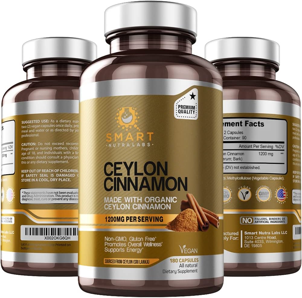 Smart Nutra Labs Βιολογικό συμπλήρωμα κανέλας 1200mg ανά υπηρεσία, 180 κάψουλες Vegan, 100% καθαρή, αληθινή κανέλα κεϋλάνης