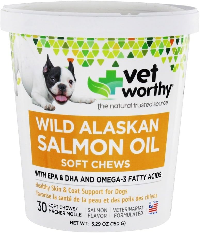 Vet Worty Salmon Oil Skin and Coat Soft Chews for Dogs - Συμπλήρωμα Σκύλων για την υποστήριξη του υγιεινού δέρματος και του όμορφου παλτό - Συμπλήρωμα ιχθυελαίου με Ωμέγα 3 Λιπαρά Οξέα - Γεύση σολομού - 30 Μαλακά μάσημα