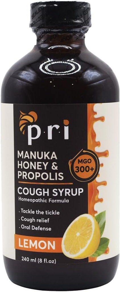 P.R.I Natural Kuru Cough Syrup with Manuka Honey, Propolis, Çay Ağacı Petrol ve C - Sore Throat & Immune Support, Lemon Flavor, 8oz
