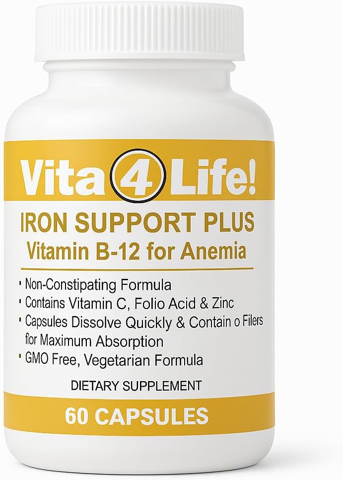 Vita4Life!® Iron Support Plus - 40mg Demir C vitamini, B-12, Folic Acid & çinko - 60 Capsules - Red Blood Cell Support & Energy - Vegetarian & GMO-Free