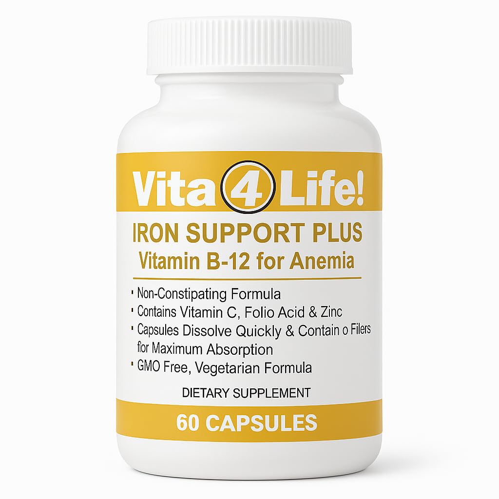 Vita4Life!® Iron Support Plus - 40mg Iron with Vitamin C, B-12, Follic Acid & Zinc - 60 Κάψουλες - Μη Συντηρητική Φόρμουλα για την υποστήριξη των ερυθρών αιμοσφαιρίων & την ενέργεια - Χορτοφαγικά & GMO-free