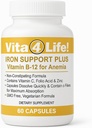 Vita4Life!® Iron Support Plus - 40mg Demir C vitamini, B-12, Folic Acid & çinko - 60 Capsules - Red Blood Cell Support & Energy - Vegetarian & GMO-Free