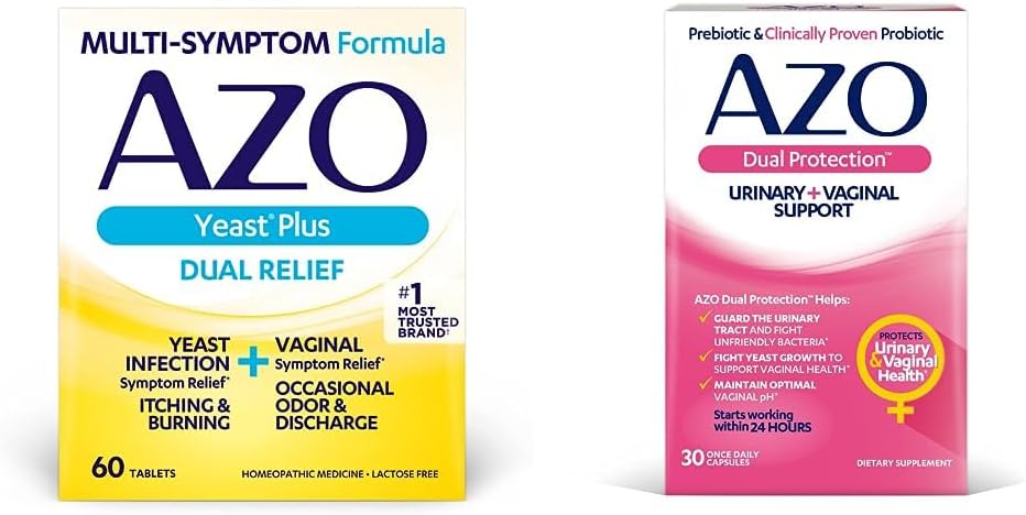 AZO Yeast Plus Dual Relief 60 Tablet, Yeast Enfeksiyon & Vaginal Symptom Relief + Dual Protection, Urinary + Vaginal Support*, Prebiyotik Plus Klinik olarak Proven Women's Probiyotik 30 Count