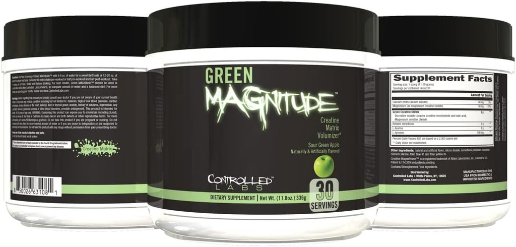 CONTROLLED LABS Green Magnitude Supplement, Synergistic Kretine Formula Toz, Güçlü, Stamina ve Performansı, (Sour Green Apple, 30 Hizmet)