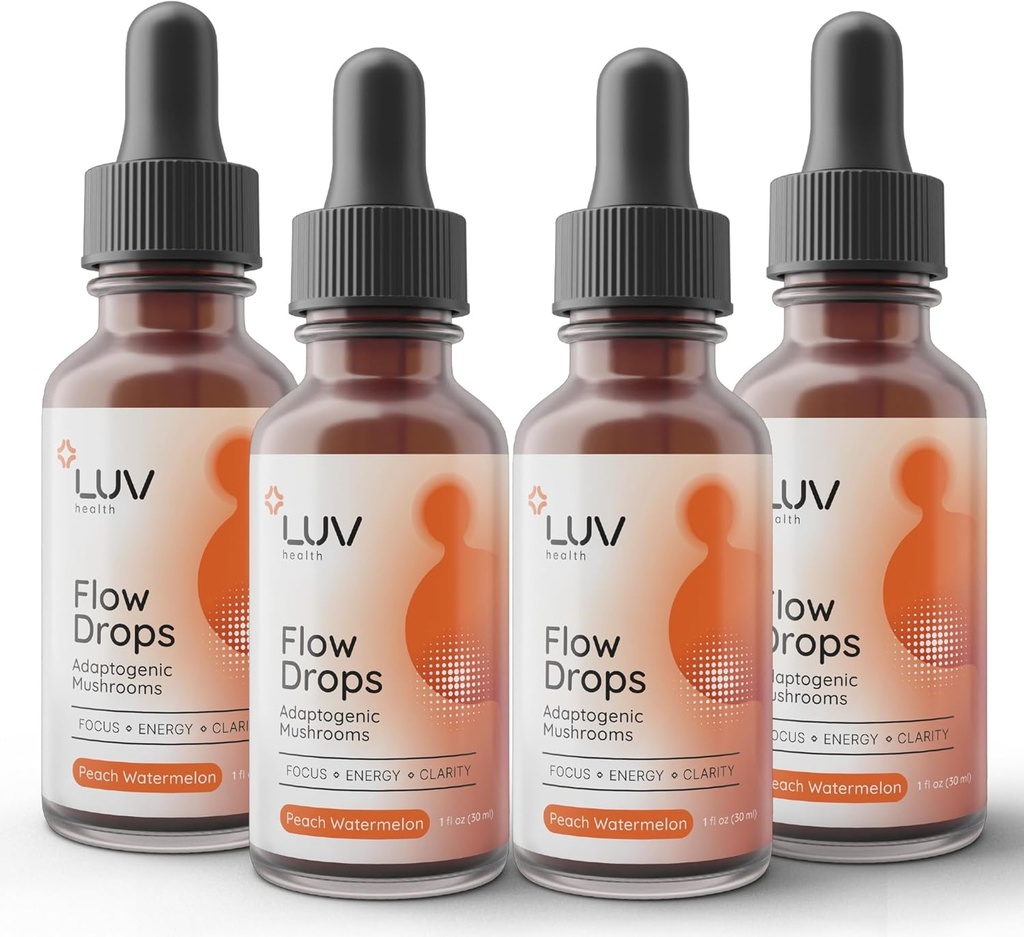 LUV health Flow Drops® – Energy Supplement for Focus, Mental Clarity & Immune Support - Adaptogenic Mushrooms with Lion’s Mane, Cordyceps, Reishi, Chaga & Turkey Tail – Vegan, Made in USA 4-Pack