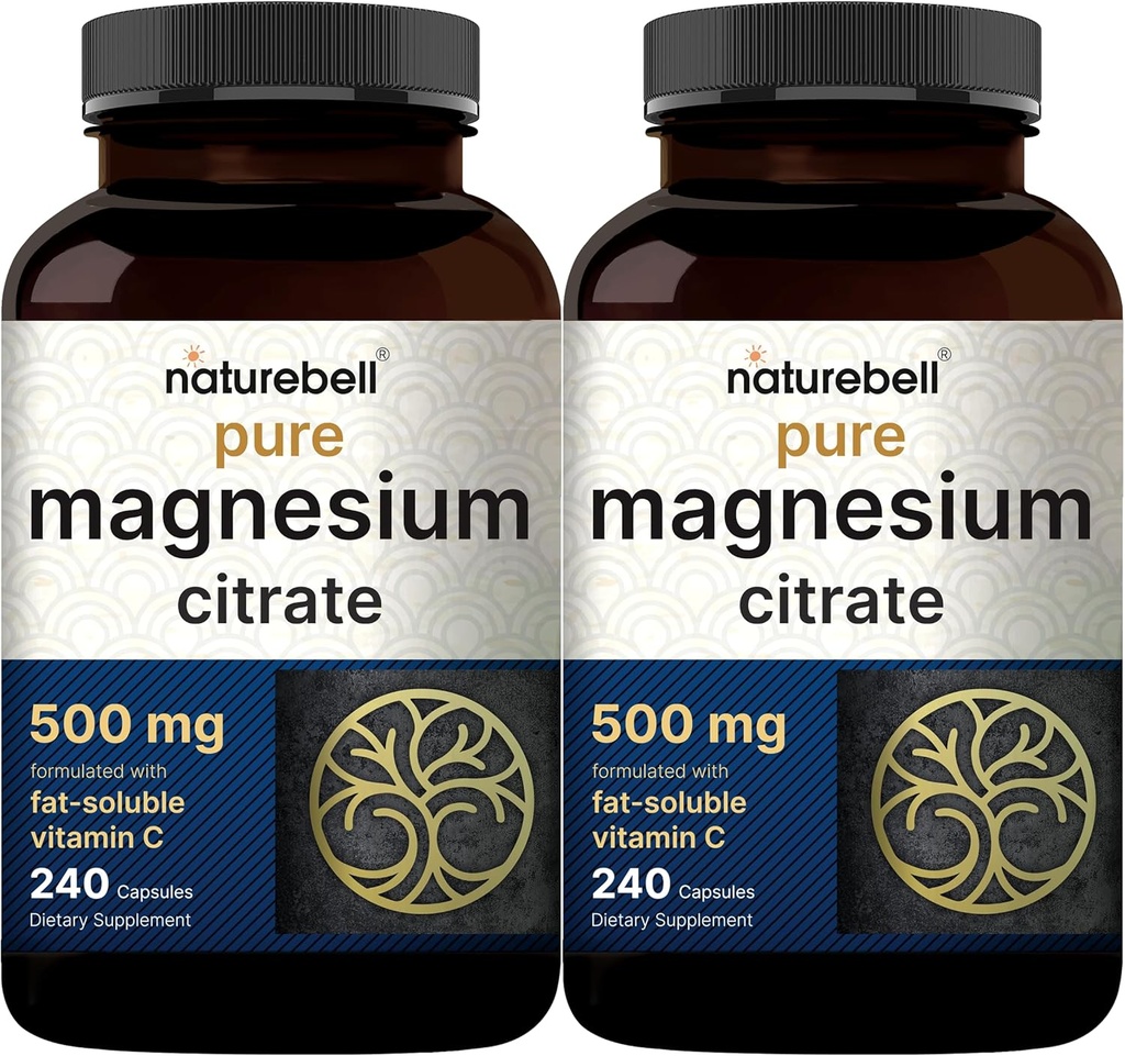 NatureBell 2 Pack Magnezyum Citrate 500 mg, 480 Capsules | 2in-1 with Fat uli Vitamin C | Pure Elemental Form | Filler Free, Non-GMO, No Gluten