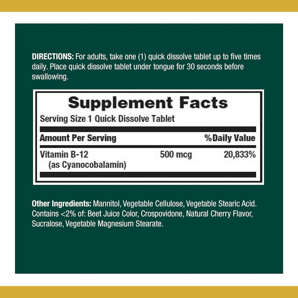 Nature's Bounty Vitamin B12, Supports Energy Metabolism ve Nervous System Health, 50006, 100 Hızlı Dissolve Tabletleri ( 2)
