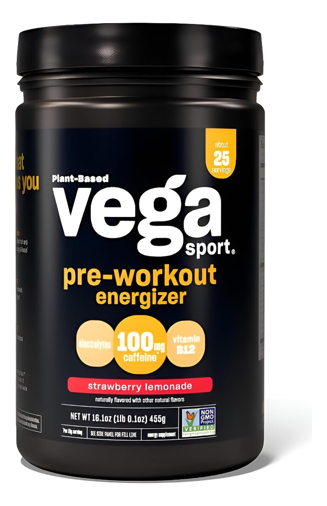Vega Sport Pre-Workout Energizer, Strawberry Lemonade - Pre Workout Toz for Women & Men, Supports Energy and Focus, Electrolytes, Vegan, Keto, Gluten Free, Non GMO, 1.1 lbs