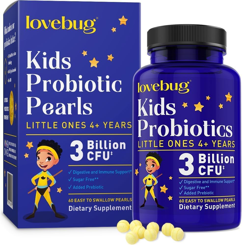 LOVEBUG Probiotics for Kids - Παιδικά Προβιοτικά Μασώμενα με Πρεβιοτικά για την ηλικία 4+, Καθημερινή Παιδική Οπίσθια Υγεία, Δυσκοιλιότητα, Πεπτικό & ανοσοποιητικό συμπλήρωμα υποστήριξης, Χωρίς ζάχαρη, 60 Μαλακά Μαργαριτάρια