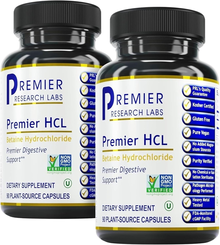 Premier Research Labs Premier HCL - Betaine HCL, Betaine Hydrochloride Supplement for Optimal Digestive Function, Nutrient Abxia, Betaine-HCL for Low Stomach Acid- 90 Vegetarian Capsules (2 Pack)