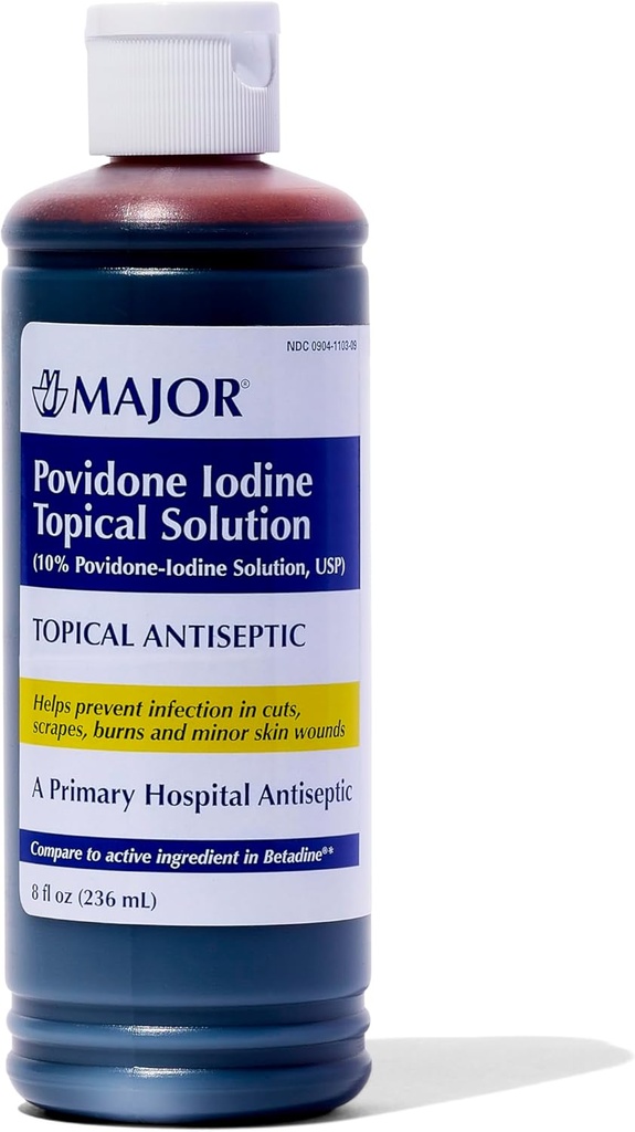 Major 10% Povidone-Iodine Liquid Topical Solution, USP - Topical Antiseptic for Cuts, Scrapes, Burns, and Minor Skin Wounds - 8 Fl. Oz.