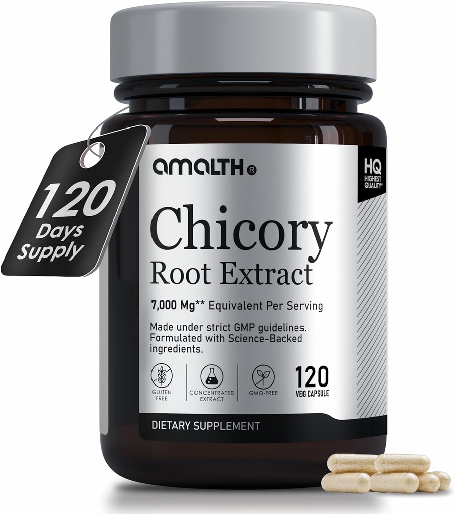 AMALTH Chicory Root Fiber Capsules 500 mg - Chicory Root Toz Gut Cleanse & Digestive Support - Vegan, Non-GMO Inulin Prebiyotik Fiber Supplement, 120 Caps