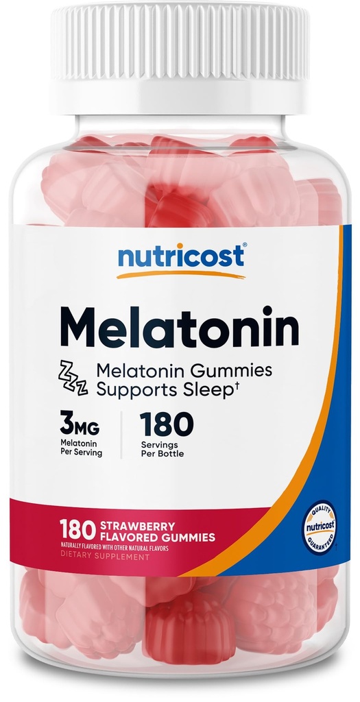 Nutricost Melatonin 3 mg, 180 Gummies, Strawberry Flavored - Gluten Free, Non-GMO, No Corn Syrup