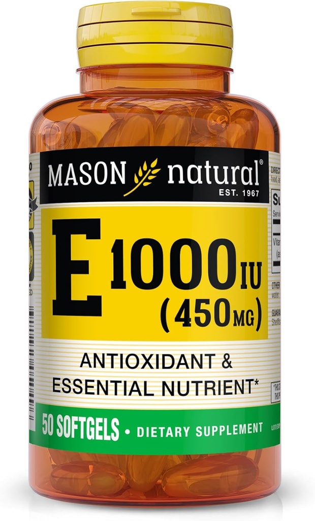MASON NATURAL Vitamin E 450 mg (1.000 IU) - Antioksi ve Temel Nutrient, Sağlıklı Immune Sistemi, Cilt ve Gözler, Tüm Vücut Tamam, 50 Softgels