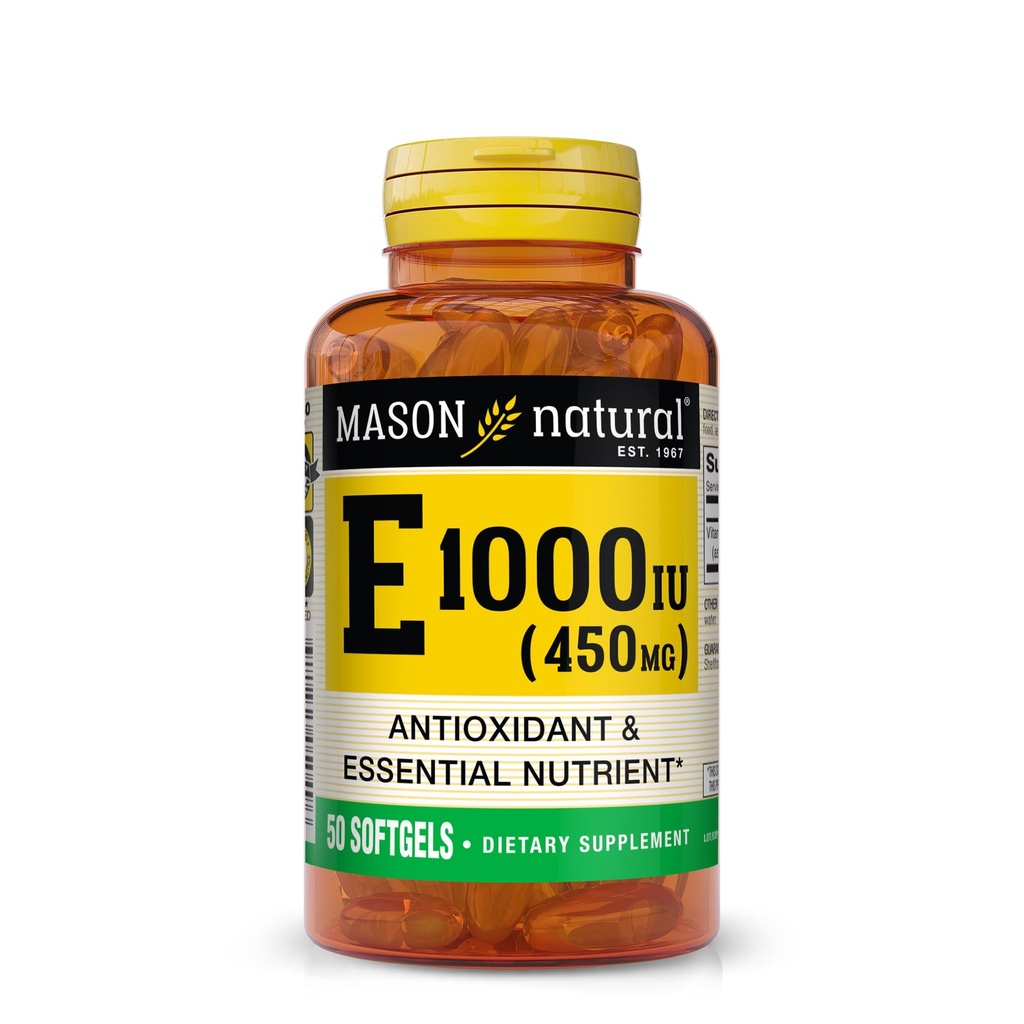 MASON NATURAL Vitamin E 450 mg (1.000 IU) - Antioksi ve Temel Nutrient, Sağlıklı Immune Sistemi, Cilt ve Gözler, Tüm Vücut Tamam, 50 Softgels