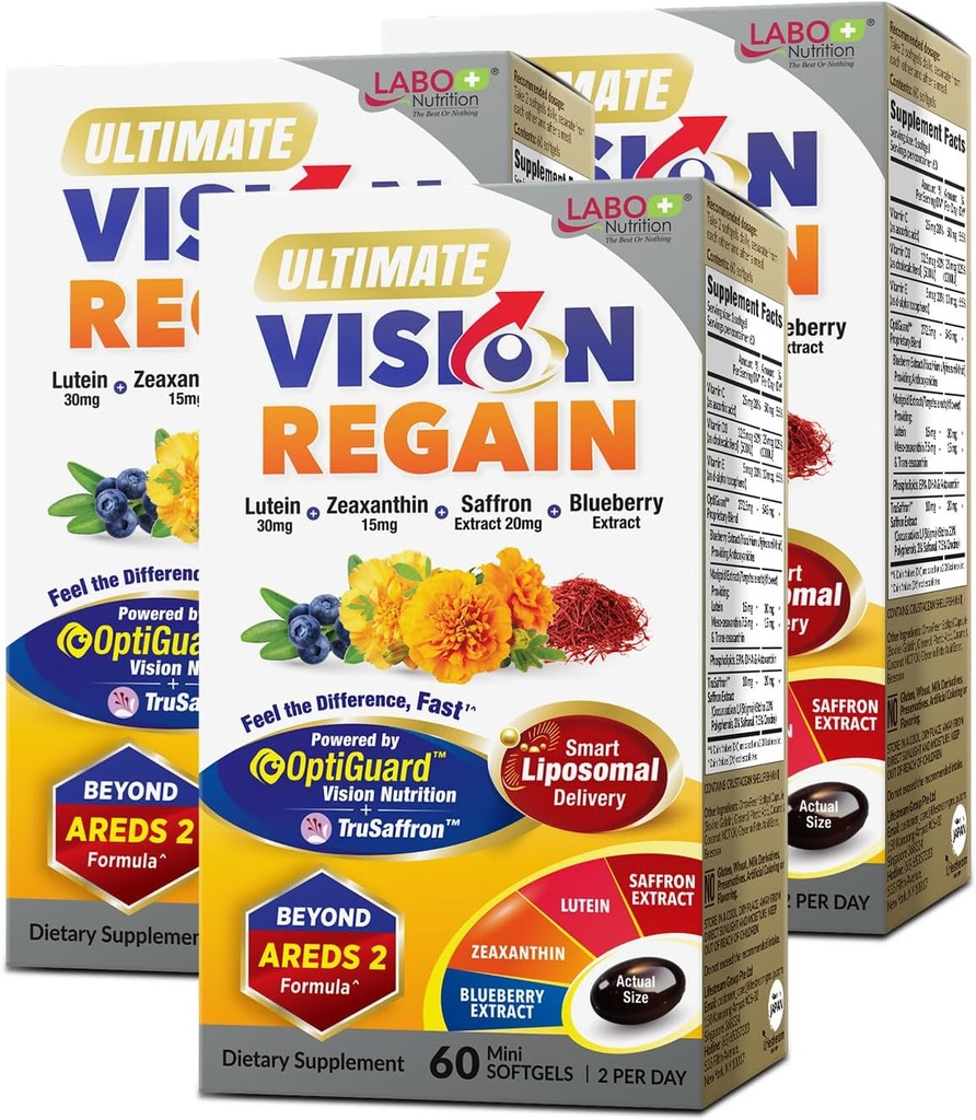 LABO Διατροφή Ultimate VisionREGAIN, Eye Vitamin Beyond AREDS 2 Formula with Lutein, Zeaxanthin, Saffron Extract, Blueberry for Macular & Retinal Health, Eye Fatigue, Night Vision Support 60 Countsx3