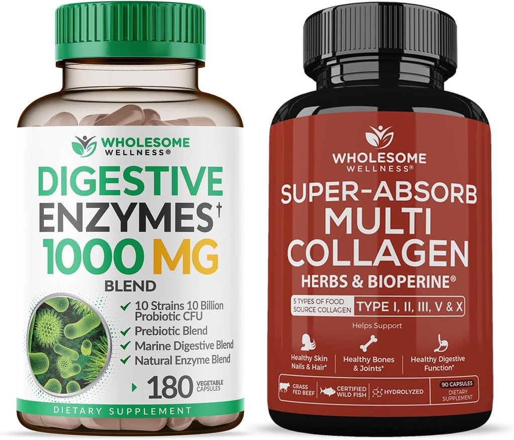 Allsome Wellness Digestive Enzymes 1000MG Plus Prebiyotiks & Probiyotiks Supplement + Super-Absorb Multi Collagen Pills (Type I II III V X) Organik Herbs ve Bioperine Sche