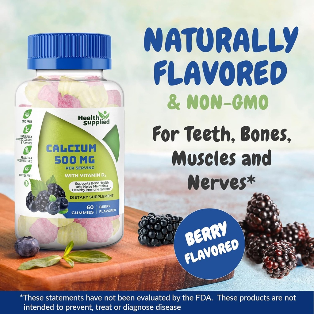 Vitamin D3 1000 IU Gummies ile 50 mg | Günlük Diyet Tamam | Kemik Gücü, Büyüme, Dişler | Yetişkinler için, Gençler, Çocuklar | Great Tasting Natural Berry Flavor Vitamin Gummy