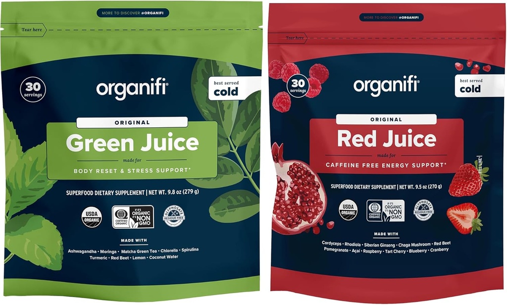 Organifi Green Juice ve Red Juice Sche - 30 Günlük Supply - Delicious, Organik Superfood Supplement Tozu Enerji ve Stres Yardımı için Antioksitlerle Yeniden Keşfedin - No GMO, Gluten, or Soy