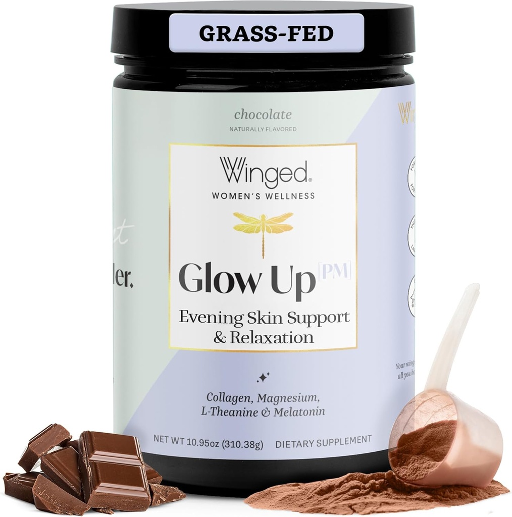 Winged Wellness Glow Up PM Κόλαγκεν Peptide Powder  Fed χόρτο κολλαγόνο w/Magnesium, L-Θεανίνη και μελατονίνη Ι σοκολάτα, 21 εξυπηρετούν