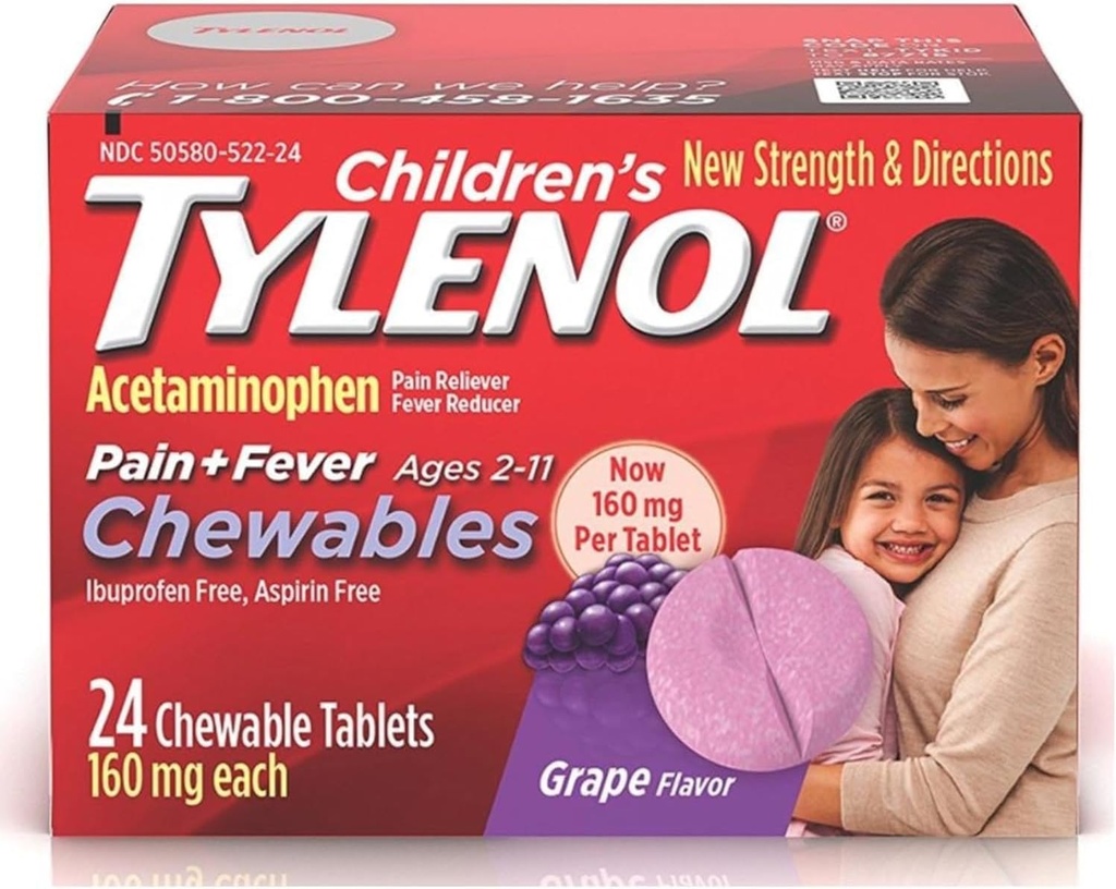 Tylenol Çocuk Ağrısı + Ateş Çekilebilir Tabletler 160 mg, Grape Flavor 24 ea (3 Pack)