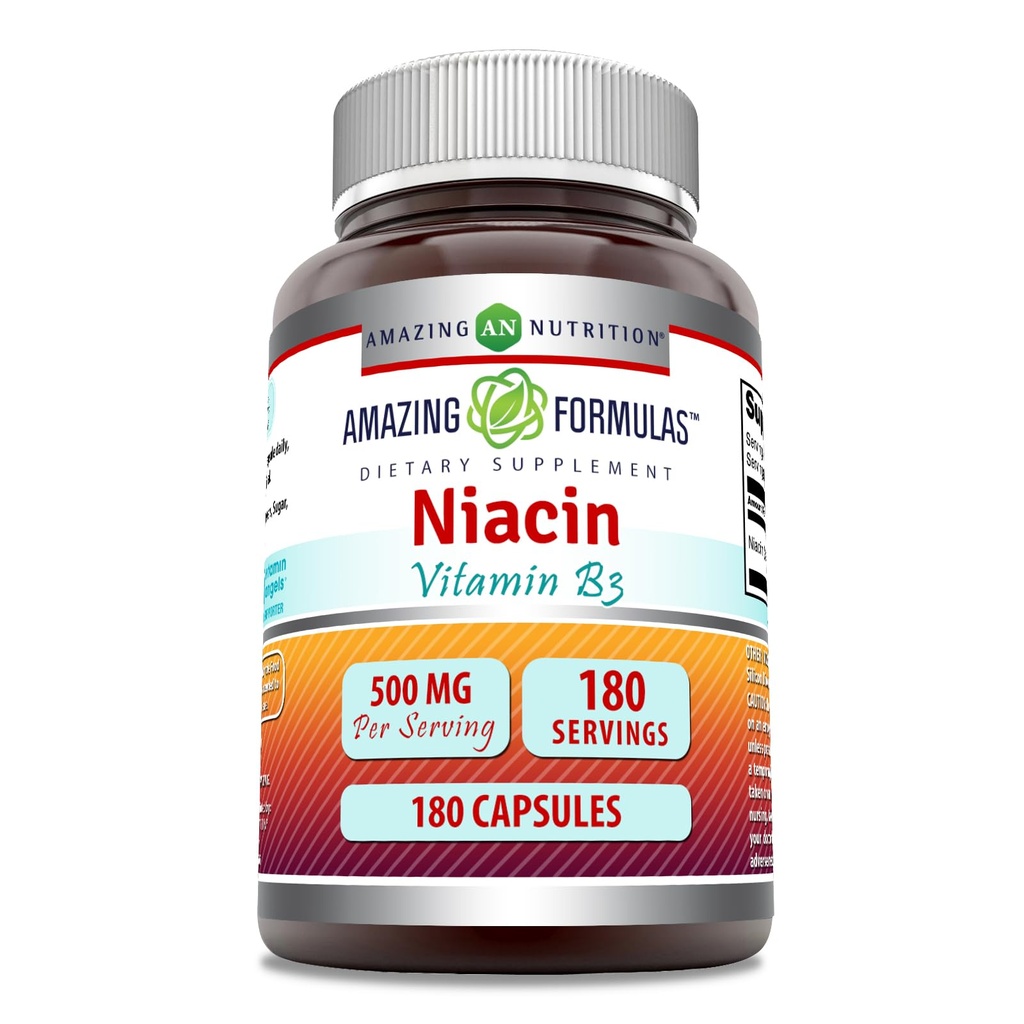 Amazing Formulas Niacin Supplement | 500 Mg Per | 180 Capsules | Non-GMO | Gluten-Free | Made in USA