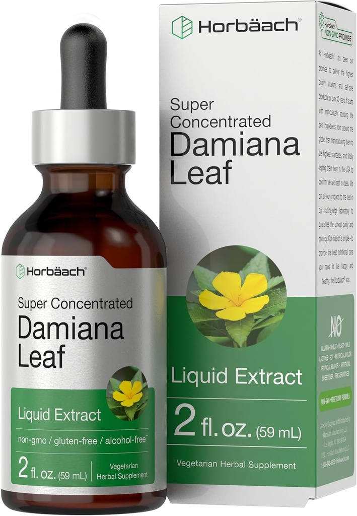 Horbäach Damiana Leaf Herb Tincture | 2 fl oz | Super Tempd | Alkol Free Liquid Extract | Vegetarian, Non-GMO & Gluten Free Herbal Supplement Supplement