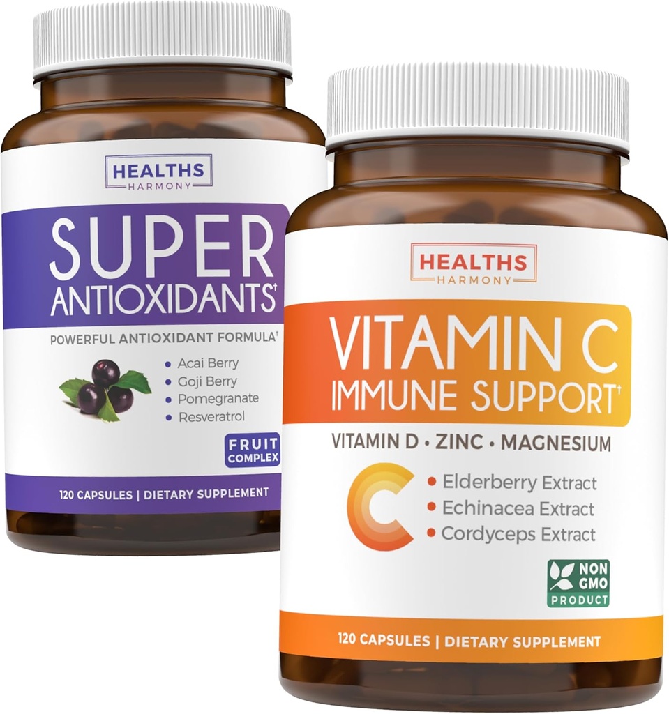 Antioksis & Immune Support (2-Month Supply) Immune Vitality Mix - Süper Antioksis - Güçlü Super Food Daily Mix (120 Caps) & Immune Support Supplement with Elder Vitamin C and Çinko