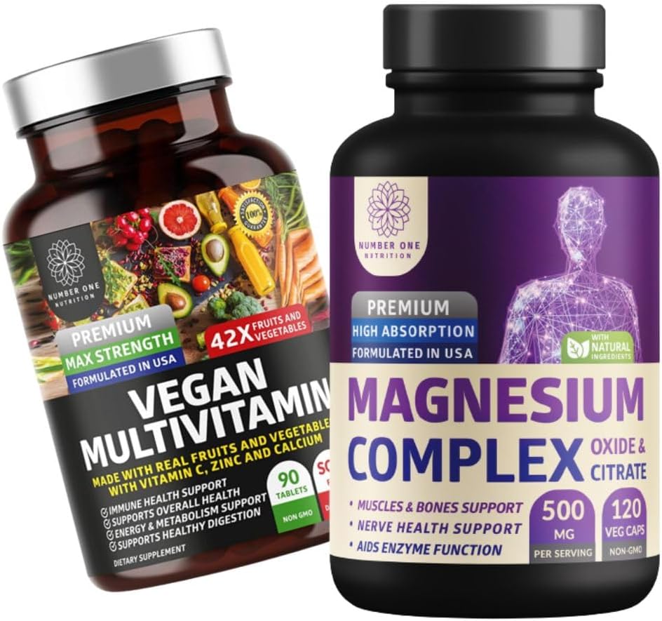 Number One Nutrition N1N Premium Magnesium Complex [500mg] High Absorption and Vegan Multivitamin [86 Powerful Ingredients], Non-GMO and Gluten-Free, 2 Pack Bundle