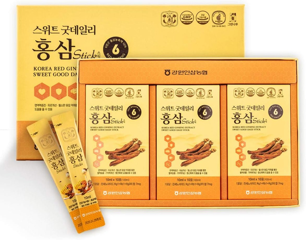 [Gangwoninsam] Kore Red Ginsengi Sweet Good Daily Stick 30 Count – Contains 6 Yıl Kore Red BTC Ekstraksiyonu, Koreli Gıda, Bireysel olarak Paketlenmiş, 0.35 fl. oz (10 ml), 3 X 10Count Box Box Box