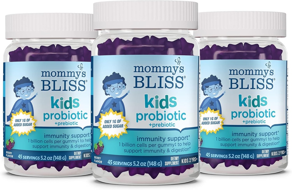 Μαμάς Bliss παιδιά προβιοτικά + προβιοτικά Gummies, υποστηρίζει την ανοσία & πέψη για τα παιδιά 2 χρόνια+, λιγότερη ζάχαρη, Yummy Berry Flavor, 45 Count (πακέτο των 3)