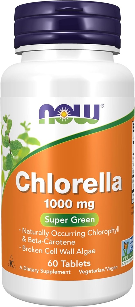 Şimdi Gıdalar Tamamlar, Chlorella 1000 mg doğal olarak klorophyll, Beta-Carotene, karışık Carotenoyaklar, C vitamini, Iron ve Protein, 60 Tabletler