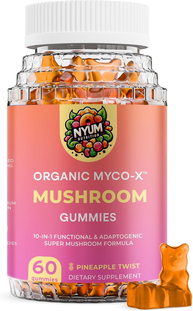 Nyum Beslenme Organik MYCO-X Mushroom Gummies, 10in-1 Formula, Pineapple Twist, 60 Kont, Orange/Pink