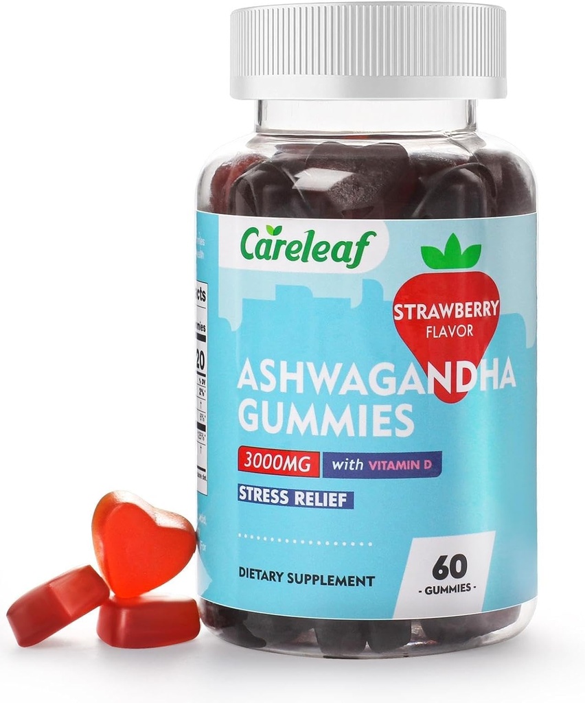 Vegan Ashwagandha Gummies-3000 mg Yüksek Potency Ashwagandha Root Extract with Vitamin D2 | Strawberry Flavor | 60 Cts/Bottle